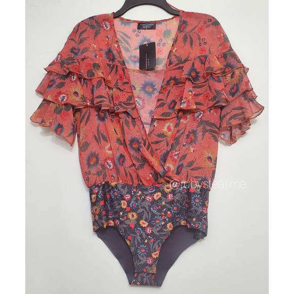 ZARA Sheer Orange Botanical Floral Print Ruffle Bodysuit, NWT - Picture 3 of 9